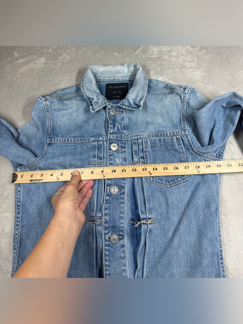 All Saints Men’s 100% Cotton Distressed Denim Blue Jean Button Jacket Size M - Picture 11 of 17